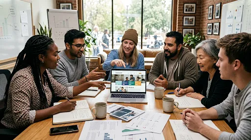 Volunteers gathered around a conference table reviewing a nonprofit organization’s website on a laptop