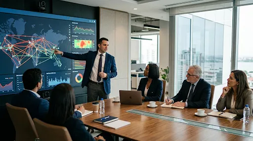 Consultoría en ciberseguridad: una inversión para proteger tu negocio Cybersecurity consultant presenting a risk assessment dashboard to executives