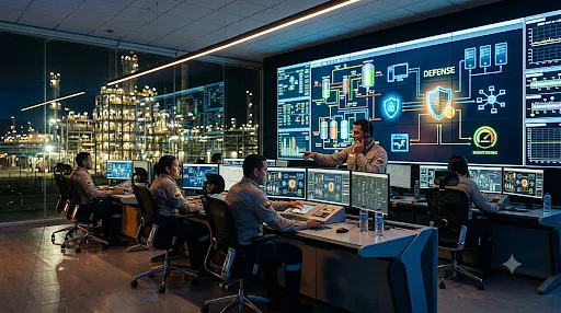 Modern industrial control room with operators monitoring SCADA systems, large process displays, industrial plant environment, cyber defense concept