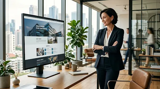 ¿Por qué toda empresa debería tener una página web profesional en 2026? A confident business owner standing in a modern office while reviewing a beautiful corporate website displayed on a large monitor
